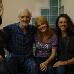 On the set of the movie Our Father  Michael Worth Michael Gross Eileen Grubba and David Topp