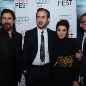 Christian Bale, Marisa Tomei, Steve Carell and Ryan Gosling at event of The Big Short (2015)