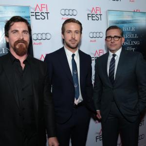 Christian Bale, Steve Carell and Ryan Gosling at event of The Big Short (2015)