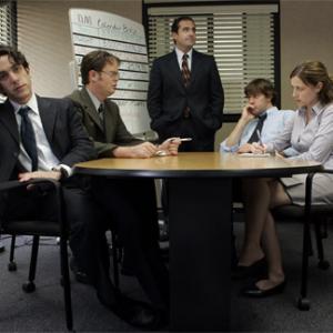 Still of Steve Carell, Jenna Fischer, Rainn Wilson, John Krasinski and B.J. Novak in The Office (2005)