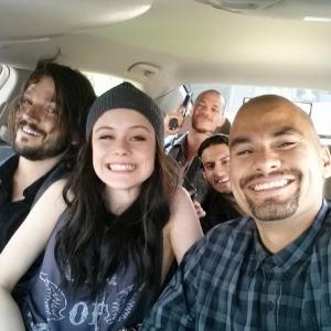 Between takes on location with Diego Luna, Erin Moriarty, Richard Cabral, and Daniel Moncada.