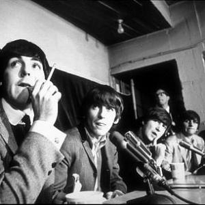The Beatles  Paul McCartney George Harrison John Lennon and Ringo Starr in press conference c 1964