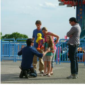 Sesame Place Commercial: Asst Director Arle discussing the park scene with the 'Hero Family' of Joe Matthews, Jodie Shultz, Sean Sheehan and Leila Jean Davis.