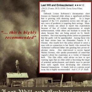 Video Librarian Review of Glasners documentary film Last Will and Embezzlement  Nov 2012
