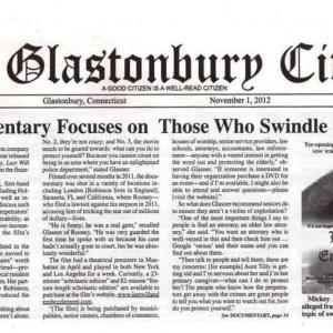 Article in Glastonbury Citizen about Glasners documentary film Last Will and Embezzlement  Nov 2012