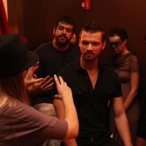 Director Natasha Fissiak on the set for film DISSoNANCE with Actor Kevin Dowd and Cinematographer Tomas Medina