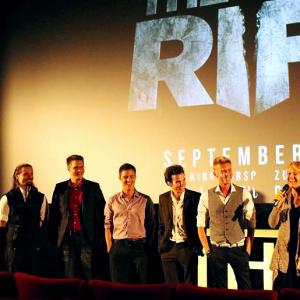 Eileen Grubba speaking at The Rift premiere with cast and crew of the movie