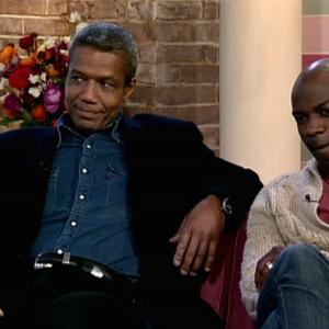 Hugh Quarshie and David Gyasi. Doing interview for This Morning on playing the same character on White Heat.
