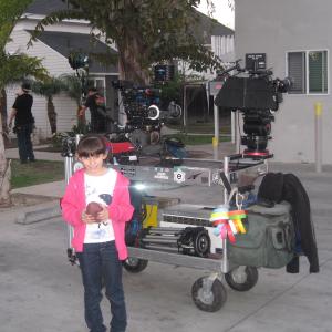 Natalie Miranda checking out the equipment prior to the night shoot,on the set of 