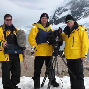 Production Team of The Antarctica Challenge in Neko Harbour, Antarctica. From left, Sound Recordist Stephen Bourne, Producer/Director Mark Terry, and Cinematographer, Damir Chytil, CSC.