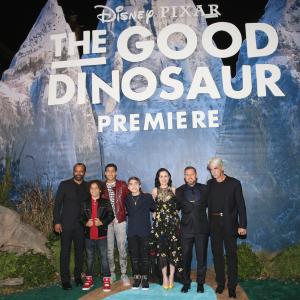 Sam Elliott, Anna Paquin, A.J. Buckley, Jeffrey Wright, Raymond Ochoa, Jack Bright and Marcus Scribner at event of The Good Dinosaur (2015)