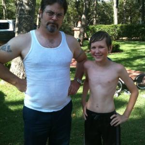 Caleb and Nick Offerman, on the set of 