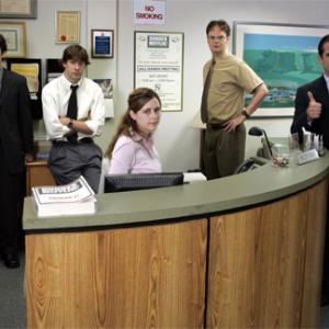 Still of Steve Carell, Jenna Fischer, Rainn Wilson, John Krasinski and B.J. Novak in The Office (2005)