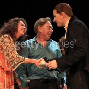 Tim Martin Gleason, Sarah Brightman & Lord Andrew Lloyd Webber on stage at The Phantom of the Opera closing night show at The Pantages Theater on October 31, 2010 in Los Angeles, California