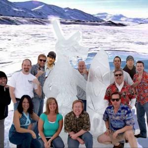 Peninsula Winter Games Ice Sculpture KSRM Radio Group Crew Picture Thomas R. Daly as Tom Randell in lower right front corner with shades.