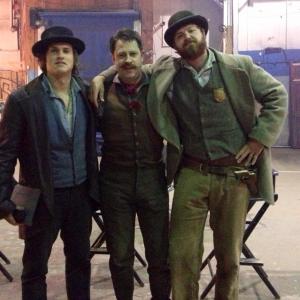 On the set of Copper, with Tom Weston-Jones (left) and Dylan Taylor (right).