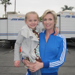 Jane Lynch and Avery Phillips on set of Glee