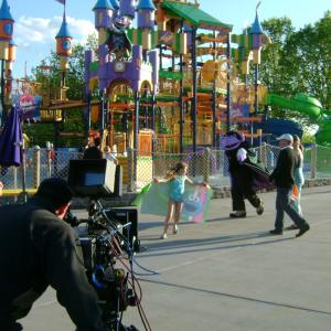 Jodie Shultz cast and crew on the set of the water park scene of a Sesame Place commercial