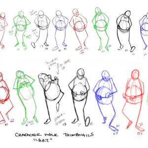 Animation planning fat man walking forward pulling up his pants.