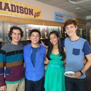 Nicholas Coombe on set of Disneys Pants on Fire with cast mates Bradley Steven Perry Taylor Russell and Joshua Ballard