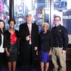 L to R: Min Tak, Sthu Zungu, Donald Trump, Evelyn Mahlaba and Justin Barnette during filming of The All-Star Celebrity Apprentice S13 E8.