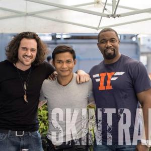 Leo Rano Tony Jaa and Michael Jai White on the set of SKIN TRADE