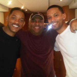 Actor Will Smith Donald Welch of Don B Welch productions and actor Todd Anthony on the set of MIB3