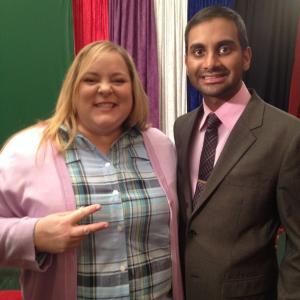 Piper Major on set for Parks and Recreation with Aziz Ansari Adam Scott and Rob Huebel