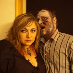 Sandra Doolittle with actor Tim Vester, behind the scenes on the set of 'Lurk; A horror anthology'. This was Sandra's first principal talent role in a feature length film- 2010.