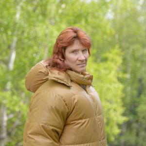 Lindalou Lagod wearing her Alaskan rubber puffy coat