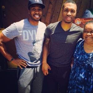 My mom and I with NBA Star Damian Lillard, Portland Trail Blazers, at Roscoes Chicken and Waffles in Hollywood