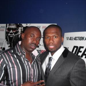 Me and Curtis 50CENT Jackson at the premiere for DEAD MAN RUNNING in which i play character RUDE BWOY Mr THIGOS Henchman