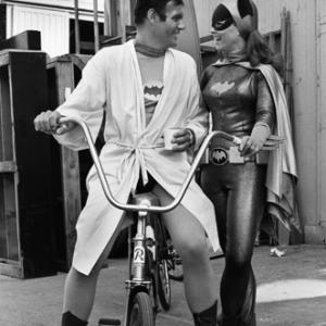 Black and White, Robe, Bicycle, Costume, Batman, Batgirl, Smiling, Full Length, Behind the Scenes, On Set, Television Yvonne_Craig_mptv