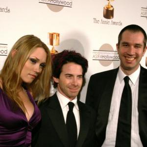 Robot Chicken creators Seth Green and Matt Senreich, with Clare Grant