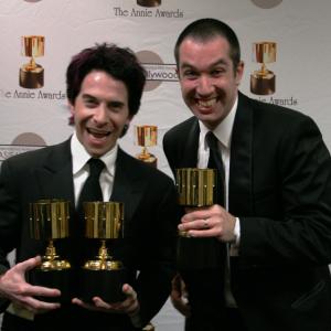 Seth Green and Matt Senreich celebrate the 3 awards Robot Chicken Star Wars II won