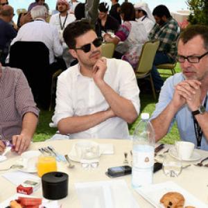 Gianluca Chakra (L) from Front Row Filmed Entertainment and Rickard Olsson (R) from Picture Tree lead a working breakfast session with projects in development with moderator Jovan Marjanovic during the inaugural edition of Qumra