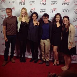 Cast members James Gallo Kasia Pilewicz Alex Miller and Molly McIntyre with Director Chloe Okuno and Producer Lisa Gollobin at the 2ns screening of SLUT at AFI Fest 2014