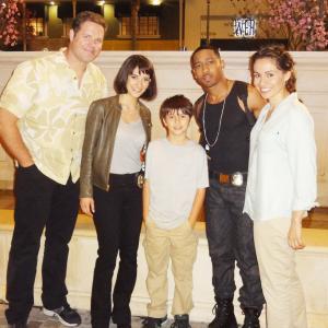 Gage with Brandon T JacksonSheila Vand David Denman and Presciliana Esparalini on the set of Beverly Hills Cop the Pilot