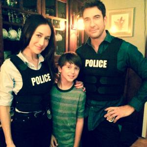Gage with Dylan McDermott and Maggie Q. on the set of 