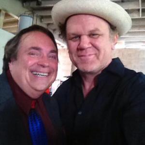 On set with John C Reilly during the filming of Tim and Eric's bebtime stories
