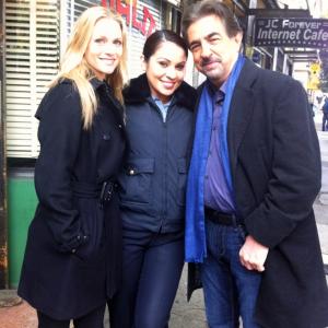 AJ Cook Joe Mantegna and Adela Tirado on set of Criminal Minds