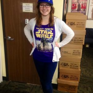 Carly sporting her new Star Wars: The Force Awakens Galaxy Premiere shirt.