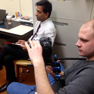 Sriram Parthasarathy and Michael Jolls on set of The Great Chicago Filmmaker