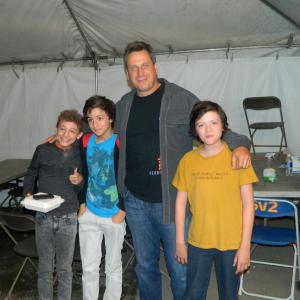 Me middleleft with Maxim Knight left Director James Marshall middle and Nicholas Filipovic righton set of Falling Skies Sept 2012