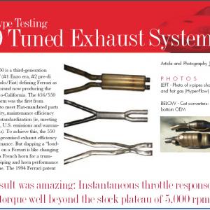 Technical automotive article on Ferrari exhaust system test and evaluation driving.
