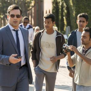 Still of Jon Hamm Madhur Mittal Pitobash and Suraj Sharma in Million Dollar Arm 2014