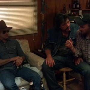 Justin Case Gerald and Dermot Mulroney Rambler discussing a scene with director Calvin Lee Reeder The Rambler