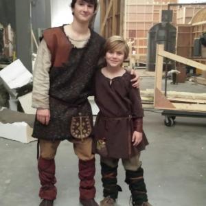 Young Finn (Voltaire Council) and Young Klaus (Aiden Flowers) backstage on the set of 