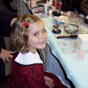 Lucy Hutchinson in make-up on 'Dustbin Baby' film set.