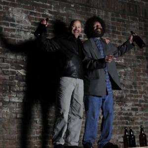 Producer/director Michael J. Simard and musician/lead actor Bruno Hubert cavort atop a bar during filming of Bruno's Blues
